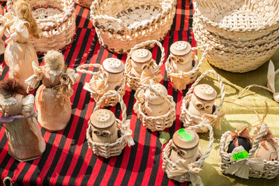 High angle view of hat in basket