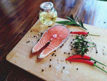 High angle view of fish on table