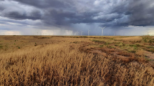 Scenic view of field against cloudy sky