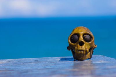 Human skull on table by sea against sky