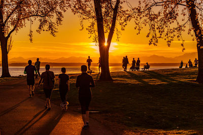 Rear view of people walking at sea shore against sky during sunset