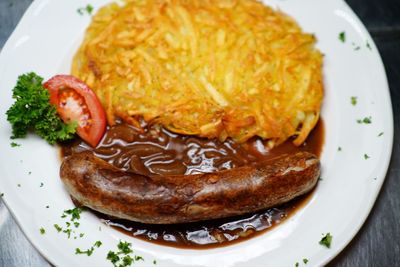 High angle view of breakfast served on table