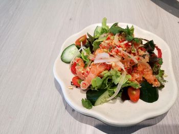 High angle view of salad in plate on table