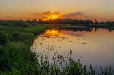 Scenic view of lake against sky during sunset