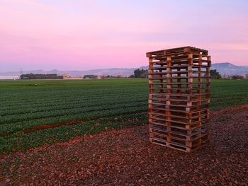 Stacked pallets and countryside landscape background in the evening