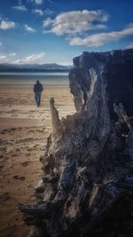 Rear view of people on rock at beach against sky