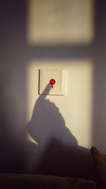 Rear view of man holding red door against wall at home