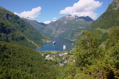 Scenic view of lake and mountains against sky