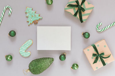 High angle view of christmas decoration on table