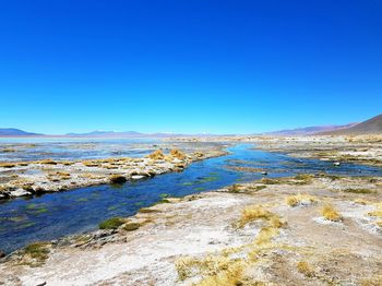 Scenic view of beach against clear blue sky