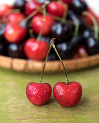 Close-up of cherries on table