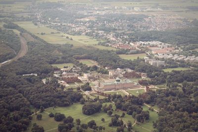 High angle view of agricultural landscape against sky