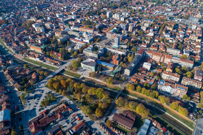 High angle view of buildings in city