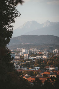 High angle view of buildings in city against sky