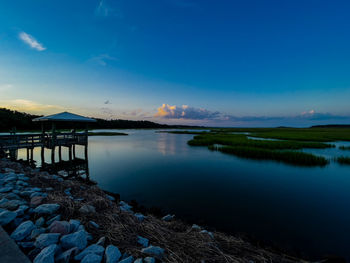 Scenic view of lake against sky during sunset