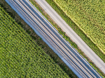 High angle view of railroad track amidst field