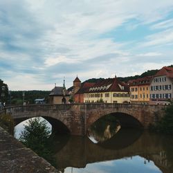 Bridge over river in city against sky