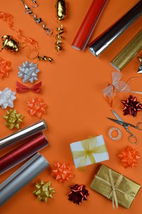 High angle view of christmas decorations on table