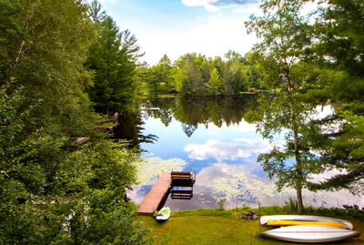 Scenic view of lake by trees against sky