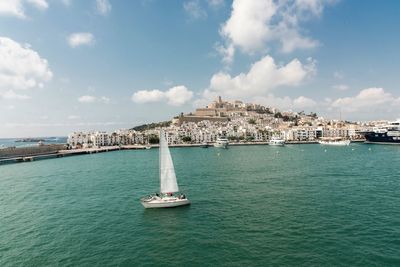 Scenic view of sea and buildings against sky