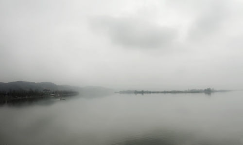Scenic view of lake in foggy weather