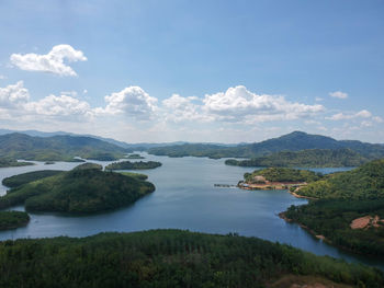 Scenic view of lake and mountains against sky