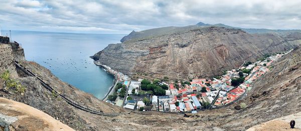 High angle view of sea against cloudy sky