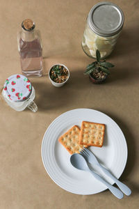 High angle view of breakfast served on table