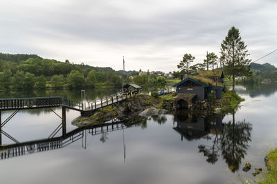 Scenic view of lake by building against sky