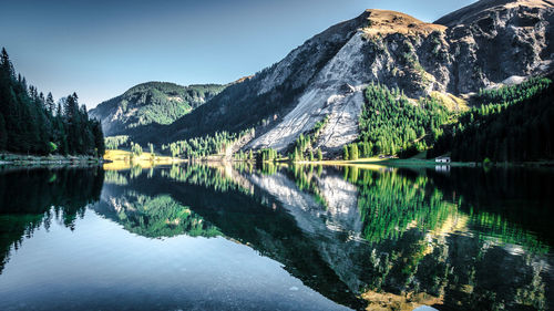 Scenic view of lake and mountains against sky