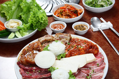 High angle view of food served on table