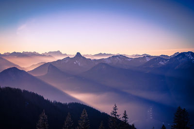 Scenic view of mountains against sky during sunset