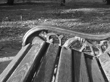 High angle view of lizard on bench in park