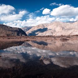 Scenic view of lake and mountains against sky