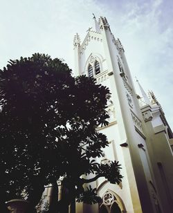 Low angle view of trees and building against sky