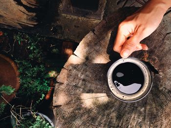 High angle view of coffee cup on table