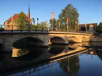 Bridge over river with buildings in background