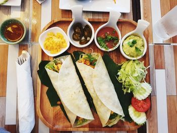 High angle view of meal served on table