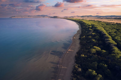 Aerial view of the marine coast leading to talamone in the tuscan maremma