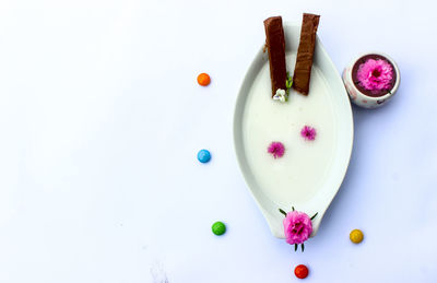 High angle view of multi colored candies against white background