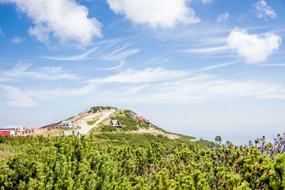 Scenic view of trees and buildings against sky