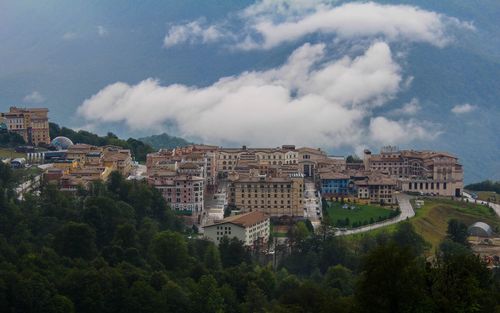 High angle shot of townscape against sky