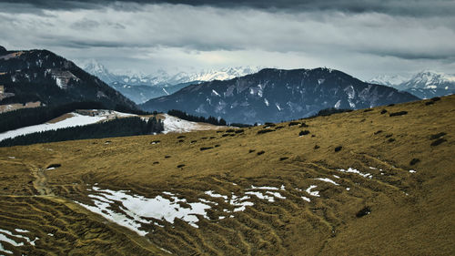 Scenic view of snowcapped mountains against sky