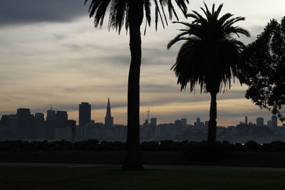 Silhouette trees and buildings against sky during sunset