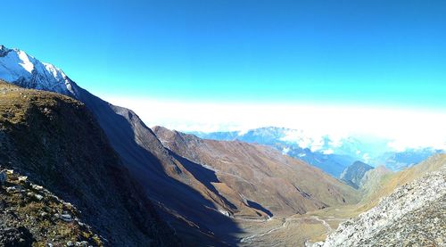 Scenic view of mountains against blue sky