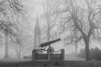 Crimean gun in castle gardens, lisburn on a foggy winter morning
