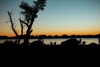 Silhouette people on lake against clear sky during sunset