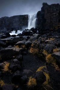 View of the oxarafoss waterfall in the thingvellir national park, iceland