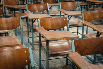 Empty chairs and tables in row