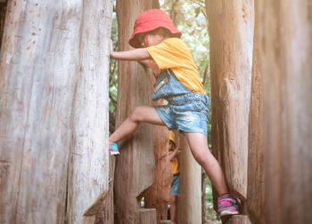 Low angle view of girl standing on tree trunk
